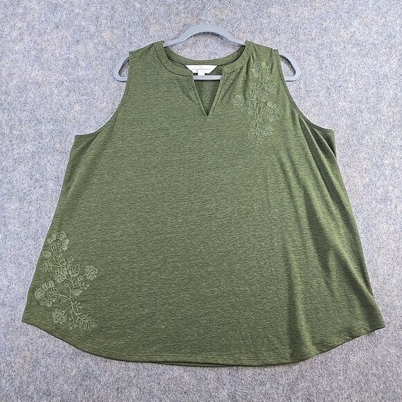 Magnolia Grace Olive Sleeveless T-shirt Blouse Plus 2X Linen Blend Embroidered - Picture 3 of 10